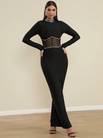 LOVE Aing Women's Fashion Mesh Long Sleeve Handmade Rhinestone Slit Round Neck Sexy Evening Party Gala Bandage Dress