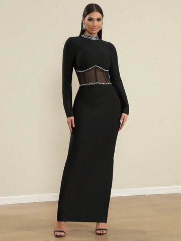 LOVE Aing Women's Fashion Mesh Long Sleeve Handmade Rhinestone Slit Round Neck Sexy Evening Party Gala Bandage Dress