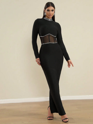 LOVE Aing Women's Fashion Mesh Long Sleeve Handmade Rhinestone Slit Round Neck Sexy Evening Party Gala Bandage Dress