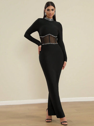 LOVE Aing Women's Fashion Mesh Long Sleeve Handmade Rhinestone Slit Round Neck Sexy Evening Party Gala Bandage Dress
