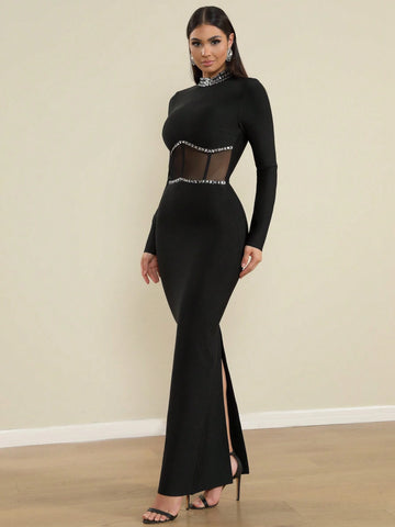 LOVE Aing Women's Fashion Mesh Long Sleeve Handmade Rhinestone Slit Round Neck Sexy Evening Party Gala Bandage Dress