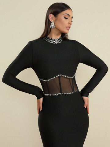 LOVE Aing Women's Fashion Mesh Long Sleeve Handmade Rhinestone Slit Round Neck Sexy Evening Party Gala Bandage Dress