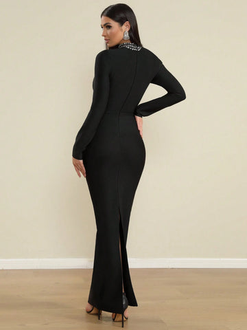 LOVE Aing Women's Fashion Mesh Long Sleeve Handmade Rhinestone Slit Round Neck Sexy Evening Party Gala Bandage Dress