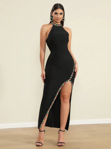 LOVE Aing Women's Fashionable Handcrafted Colorful Diamante Slit Cocktail Party Evening Gown
