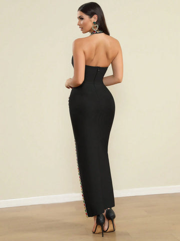 LOVE Aing Women's Fashionable Handcrafted Colorful Diamante Slit Cocktail Party Evening Gown