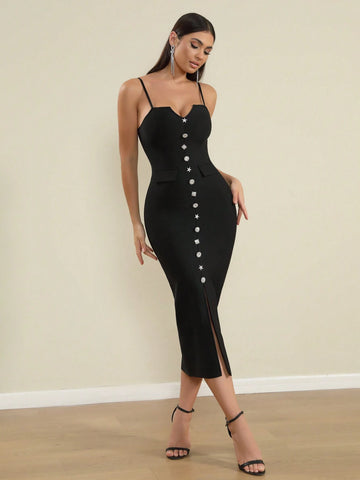 LOVE Aing Women's Spaghetti Strap Buttoned Faux Pocket Front Slit Sexy Celeb Party Evening Bandage Dress