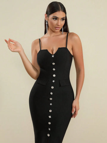 LOVE Aing Women's Spaghetti Strap Buttoned Faux Pocket Front Slit Sexy Celeb Party Evening Bandage Dress