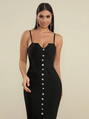 LOVE Aing Women's Spaghetti Strap Buttoned Faux Pocket Front Slit Sexy Celeb Party Evening Bandage Dress