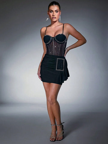 LOVING U Rhinestone Studded Detail Bustier Mesh Cami Bodysuit