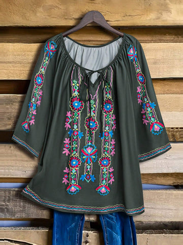 Lace-Up Floral Embroidery Elegant Shirt For Summer