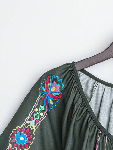 Lace-Up Floral Embroidery Elegant Shirt For Summer