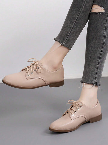 Lace-up Front Heeled Oxford Pumps,Lady's Simplistic and Fashionable Outdoor Campus-Style Black Flat Shoes