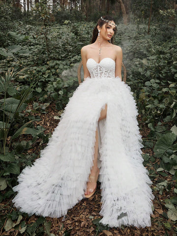 Lace Bodice Mesh Layered Hem Wedding Prom Party Dress