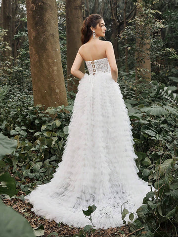 Lace Bodice Mesh Layered Hem Wedding Prom Party Dress