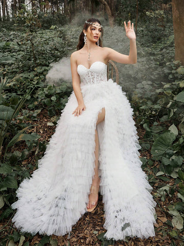 Lace Bodice Mesh Layered Hem Wedding Prom Party Dress