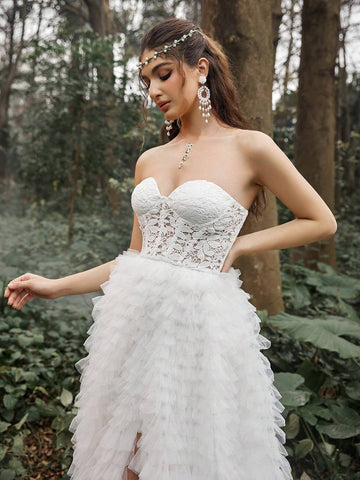 Lace Bodice Mesh Layered Hem Wedding Prom Party Dress