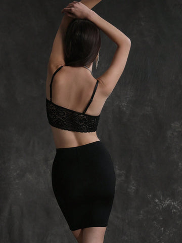 Lace Crop Top Lace Splicing Slim Fit Skirt Two Piece Set