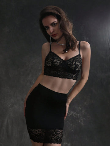 Lace Crop Top Lace Splicing Slim Fit Skirt Two Piece Set