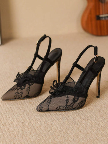 Lace Decoration Thin High Heel Women'S Black High Heel Sandals, Summer 2023 New Arrival