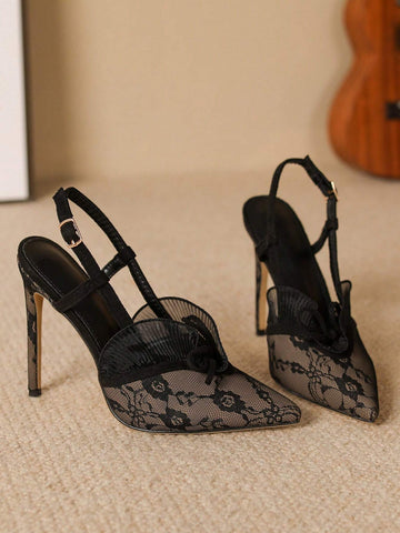 Lace Decoration Thin High Heel Women'S Black High Heel Sandals, Summer 2023 New Arrival