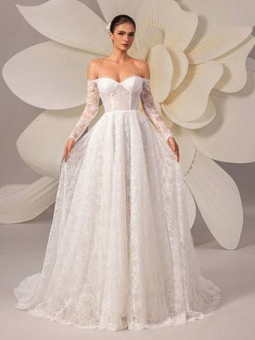 Lace Embroidery Off Shoulder Long Sleeve Elegant Tulle Wedding Dress With Train