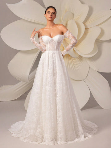 Lace Embroidery Off Shoulder Long Sleeve Elegant Tulle Wedding Dress With Train