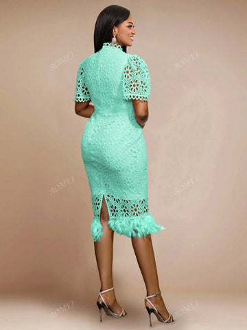 Bodycon Short Sleeve Lace And Feather Embellished Commuter Dress