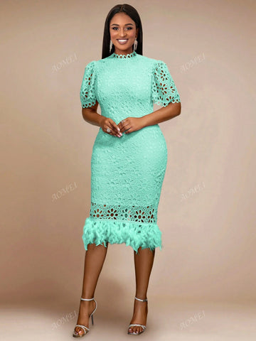 Bodycon Short Sleeve Lace And Feather Embellished Commuter Dress