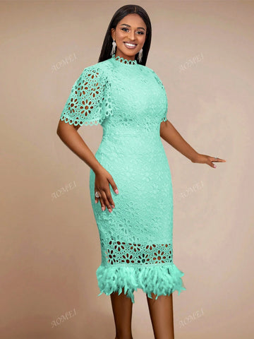 Bodycon Short Sleeve Lace And Feather Embellished Commuter Dress