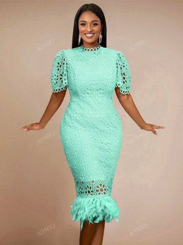 Bodycon Short Sleeve Lace And Feather Embellished Commuter Dress