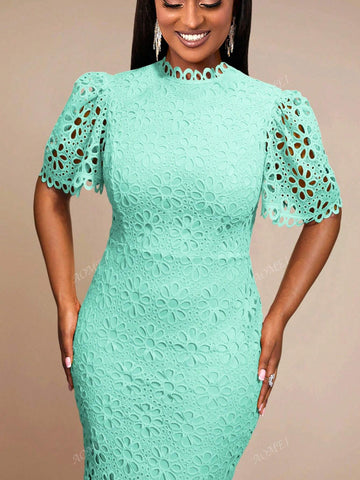 Bodycon Short Sleeve Lace And Feather Embellished Commuter Dress