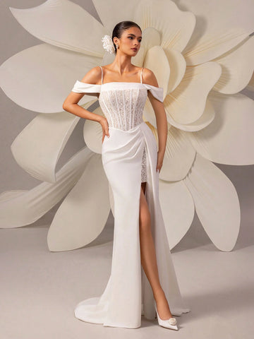 Lace Insert High Slit Sexy Mermaid Wedding Dress