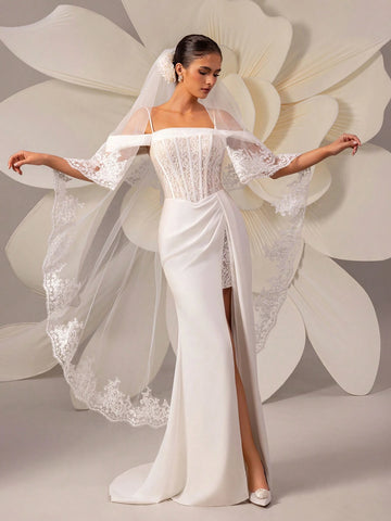 Lace Insert High Slit Sexy Mermaid Wedding Dress