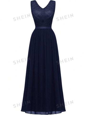 Lace Insert V Neck Maxi Party Dress