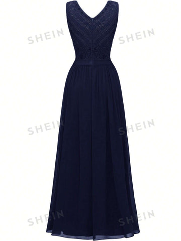 Lace Insert V Neck Maxi Party Dress