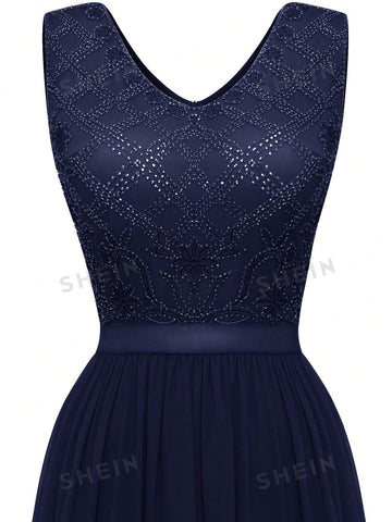 Lace Insert V Neck Maxi Party Dress