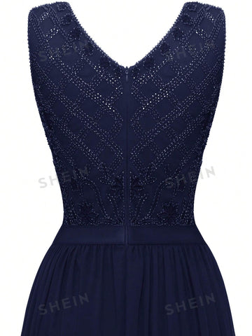 Lace Insert V Neck Maxi Party Dress