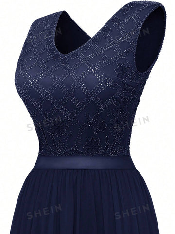 Lace Insert V Neck Maxi Party Dress