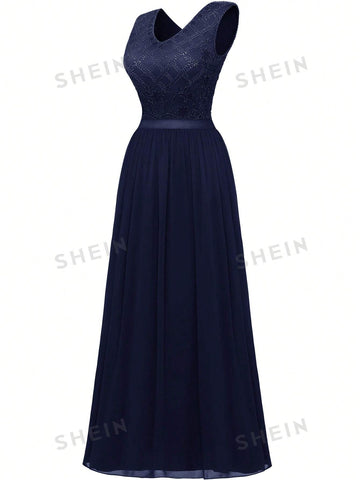 Lace Insert V Neck Maxi Party Dress