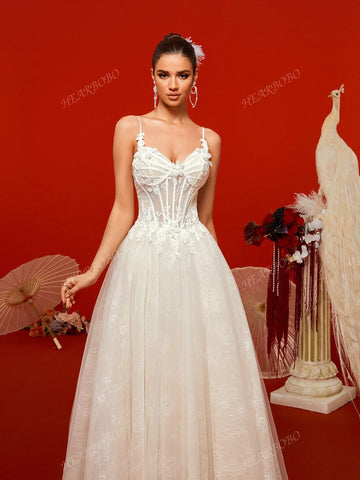 Lace Mermaid Wedding Dress With Spaghetti Straps, Waist Cinching And Train, For Party And Banquet
