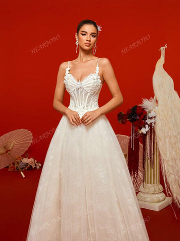 Lace Mermaid Wedding Dress With Spaghetti Straps, Waist Cinching And Train, For Party And Banquet