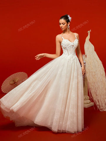Lace Mermaid Wedding Dress With Spaghetti Straps, Waist Cinching And Train, For Party And Banquet