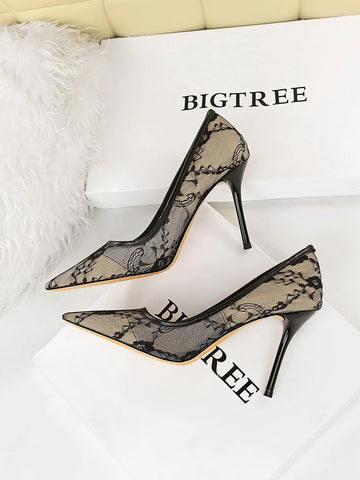 Lace Panel Point Toe Stiletto Heeled Court Pumps, Fashionable Black High-heeled Shoes For Women With Flower Print