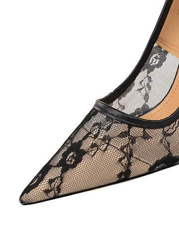 Lace Panel Point Toe Stiletto Heeled Court Pumps, Fashionable Black High-heeled Shoes For Women With Flower Print