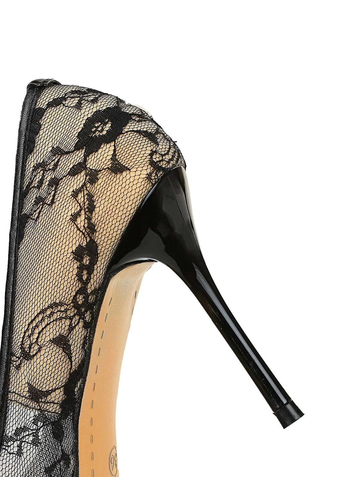 Lace Panel Point Toe Stiletto Heeled Court Pumps, Fashionable Black High-heeled Shoes For Women With Flower Print