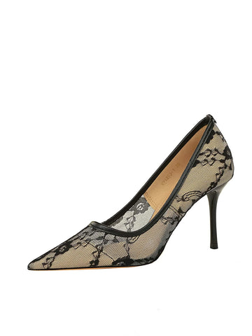 Lace Panel Point Toe Stiletto Heeled Court Pumps, Fashionable Black High-heeled Shoes For Women With Flower Print