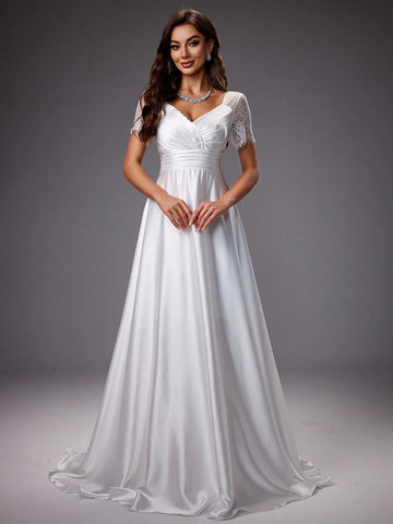 Lace Patchwork Satin Short Sleeve Wedding Dress