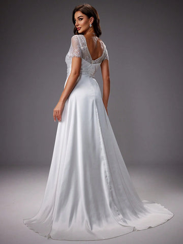 Lace Patchwork Satin Short Sleeve Wedding Dress