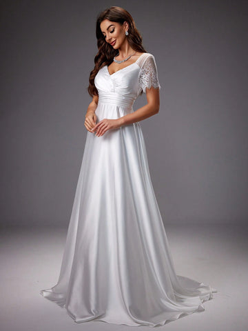 Lace Patchwork Satin Short Sleeve Wedding Dress