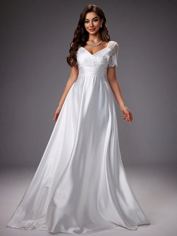 Lace Patchwork Satin Short Sleeve Wedding Dress